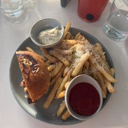Split burger with fries Split burger with fries