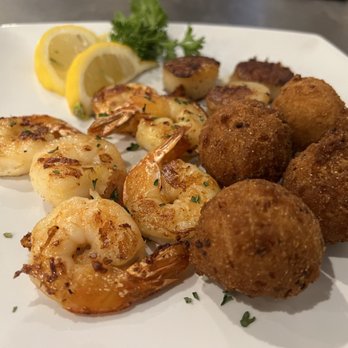 Fish N' Grill - Shrimp and sea scallops grilled with hush puppies - Seafood Near Me - Fredericksburg, Virginia