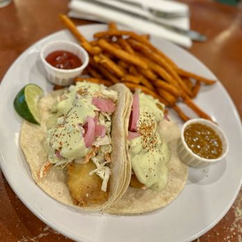 Golden West Cafe - Fav Fav Fav! Fish Tacos (cod) with sweet potato fries and hot sauce (far right) Fav Fav Fav! - Cafes Near Me - Baltimore, Maryland