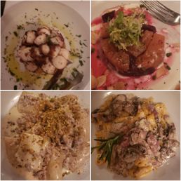 top: polipo, barbabietole; bottom: paccheri, fettuccine con funghi prosciutto