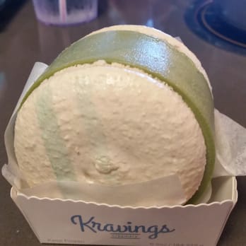 Q-POT - Kravings green tea macaron ice cream sandwich: too big to bite = hard to eat and messy - Korean Near Me - San Jose, California Q-POT - Kravings green tea macaron ice cream sandwich: too big to bite = hard to eat and messy - Korean Near Me - San Jose, California
