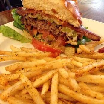 Monkey Business Cafe - Cowgirl. (Sliced to view). 1/2 lb patty, Bacon, Ortega Chile, Smoked Mozzarella. - Sandwiches Near Me - Fullerton, California Monkey Business Cafe - Cowgirl. (Sliced to view). 1/2 lb patty, Bacon, Ortega Chile, Smoked Mozzarella. - Sandwiches Near Me - Fullerton, California
