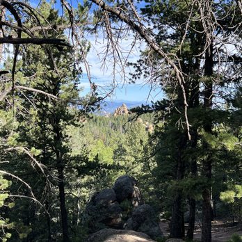 Devils Head Fire Tower - Looking between the trees on the hike up. - A forested area with tall trees and rocks in the foreground, framing a view of distant rock formations and a blue sky with some clouds. The scene captures a natural landscape during daytime, with a clear view through the trees to the background features. - Hiking Near Me - Sedalia, Colorado