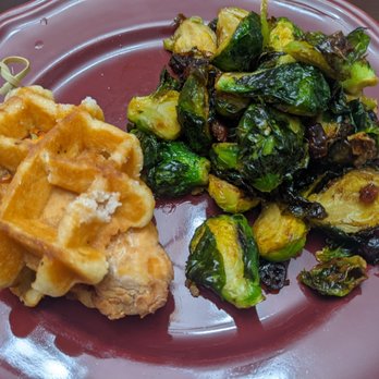 Legaci Eats BOG3 Food Truck - 1 of 2 chicken and waffle sliders and half of an order of brussel sprouts - Food Trucks Near Me Legaci Eats BOG3 Food Truck - 1 of 2 chicken and waffle sliders and half of an order of brussel sprouts - Food Trucks Near Me
