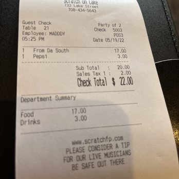 Scratch On Lake - Receipt - American Near Me - Oak Park, Illinois Scratch On Lake - Receipt - American Near Me - Oak Park, Illinois