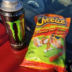 Chevron - Large Monster & Big bag of Hot cheetos. Chevron comes in clutch with the large energy drinks!
