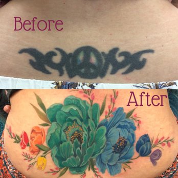 The Ink Spot - Cover up of old tribal tattoo with peony flowers - Tattoo Near Me