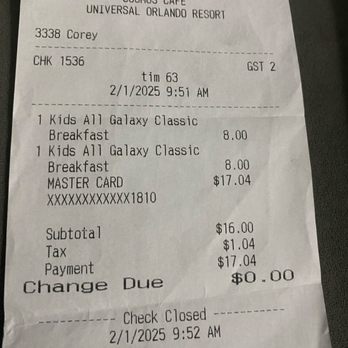Universal Stella Nova Resort - Receipt for food - Hotels Near Me - Orlando, Florida Universal Stella Nova Resort - Receipt for food - Hotels Near Me - Orlando, Florida