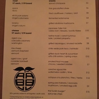 ABV - Food menu. - Cocktail Bars Near Me - San Francisco, California
