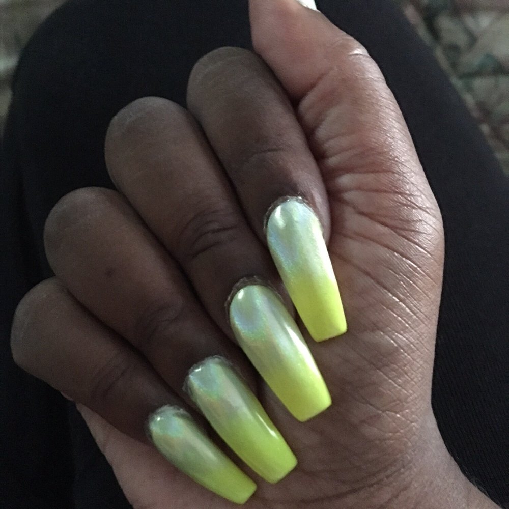 Diamond Nails Design - Neon yellow with the unicorn at the bottom love it thanks Melissa - Nail Salons Near Me - Paramount, California Diamond Nails Design - Neon yellow with the unicorn at the bottom love it thanks Melissa - Nail Salons Near Me - Paramount, California