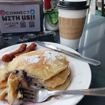 Jackdaw Coffee & Bourbon Bar - Blueberry buttermilk pancakes with Turkey sausage and Toffee flavored coffee. - Coffee & Tea Near Me - Louisville, Kentucky