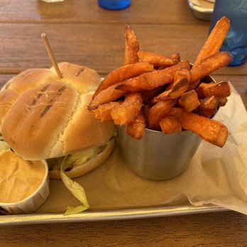 Shoreline Cafe - Beach Burger 1/4 Lb and sweet potato fries - Seafood Near Me - Santa Barbara, California Shoreline Cafe - Beach Burger 1/4 Lb and sweet potato fries - Seafood Near Me - Santa Barbara, California