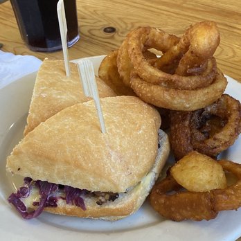 Priest Station Cafe - Sassy Brisket Sandwich with Onion Rings - American Near Me - Big Oak Flat, California Priest Station Cafe - Sassy Brisket Sandwich with Onion Rings - American Near Me - Big Oak Flat, California