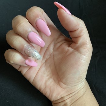 A C Nail Spa - Full acrylic set - gel pink and glitter - Nail Salons Near Me - Los Angeles, California