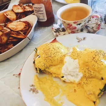Tea Room - Eggs Benedict with ham and spinach with a side of home fries - Desserts Near Me - Miami, Florida
