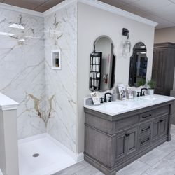 Florida Custom Marble - Shower and Bathroom Vanity display in Florida Custom Marble showroom