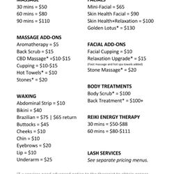 Lotus Organics Day Spa & Wellness - 2024 Pricing Menu