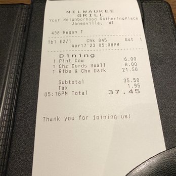 Milwaukee Grill - the receipt for the restaurant - American Near Me - Janesville, Wisconsin