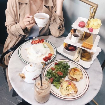 Basilur - Afternoon tea set (for one), eggs benedict, and plain soufflé pancake with fresh fruit  Rosehip tea (hot) & English breakfast milk tea - Coffee & Tea Near Me - Buena Park, California