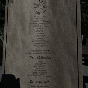 Clayton's Bakery & Bistro - Drink menu - Bakeries Near Me - Coronado, California Clayton's Bakery & Bistro - Drink menu - Bakeries Near Me - Coronado, California