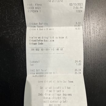 Chipotle Mexican Grill - The receipt I got for my order - Mexican Near Me - Anaheim, California Chipotle Mexican Grill - The receipt I got for my order - Mexican Near Me - Anaheim, California