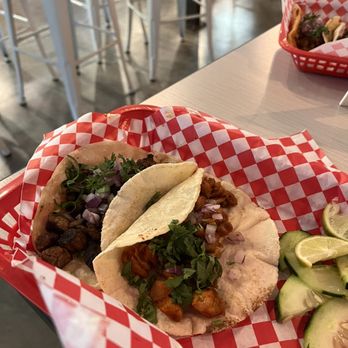 Masa y Más - Grande Carne Asada Taco (left) & Grande Pollo Adobado Taco (right) - Tacos Near Me - Austin, Texas