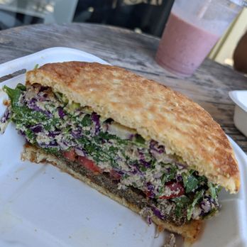 Green Table - A not so attractive photo of the Green Table Burger. I was too hungry to think of making this picture beautiful. - Juice Bars & Smoothies Near Me - Santa Barbara, California