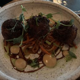 Zucchini fritters, daikon + carrot kimchee, miso aioli, scallions, herbed infused olive oil, frisée, micro radish sprouts Zucchini fritters, daikon + carrot kimchee, miso aioli, scallions, herbed infused olive oil, frisée, micro radish sprouts
