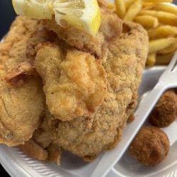 Bay-Seas Fish Market & Restaurant - Trout with no bone, fries & e shrimp with 3 hush puppies