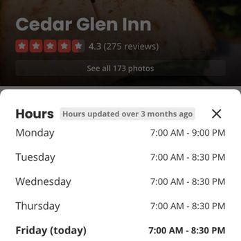 Cedar Glen Inn - The hours posted on Yelp. - American Near Me - Cedar Glen, California Cedar Glen Inn - The hours posted on Yelp. - American Near Me - Cedar Glen, California
