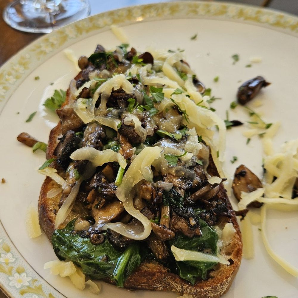 Maison Cafe & Market - Mushrooms, wilted spinach, gyrere cheese on toast. - French Near Me - Dana Point, California
