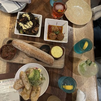 Cafe Sevilla - Ceviche (bottom), fresh bread, meatballs, Brussels sprouts - Spanish Near Me - Costa Mesa, California