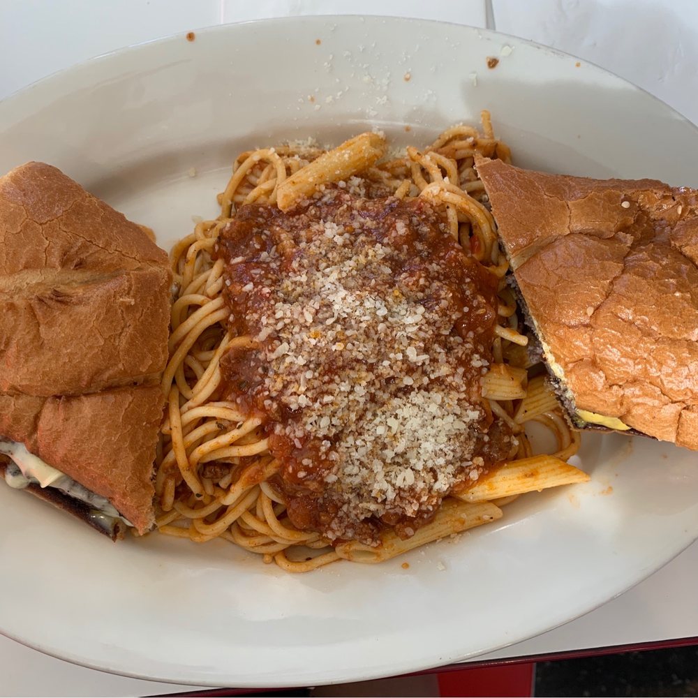 Dino's Grill - Italian Burger, served with spaghetti - Greek Near Me - Newark, California Dino's Grill - Italian Burger, served with spaghetti - Greek Near Me - Newark, California