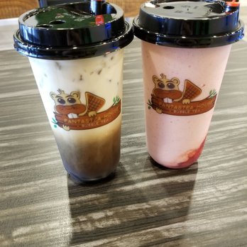 Fantastea House - Drinks- fresh milk tea (before mixing) with boba and strawberry smoothie with strawberry bits - Bubble Tea Near Me - Beaverton, Oregon Fantastea House - Drinks- fresh milk tea (before mixing) with boba and strawberry smoothie with strawberry bits - Bubble Tea Near Me - Beaverton, Oregon