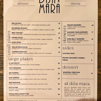 Dija Mara - Dinner menu as of March 2026 - Indonesian Near Me - Oceanside, California