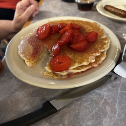 1 Pancake or 1 Piece of French Toast (2 pancakes with strawberries and sausage links) 1 Pancake or 1 Piece of French Toast (2 pancakes with strawberries and sausage links)