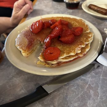 Jimmy's Restaurant & Bar - 1 Pancake or 1 Piece of French Toast (2 pancakes with strawberries and sausage links) - American Near Me - Jackson, Wisconsin Jimmy's Restaurant & Bar - 1 Pancake or 1 Piece of French Toast (2 pancakes with strawberries and sausage links) - American Near Me - Jackson, Wisconsin