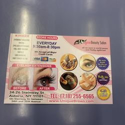 Unique Beauty Salon - Address, Hours and Services offered on this post card. Phone number too.