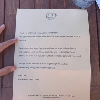 peasants FEAST - Message for covid-19 - American Near Me - Solvang, California
