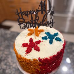 Royal Velvets Desserts - 3- Layer Red-Blue-Orange Velvet Cake w/ Cream Cheese Frosting
