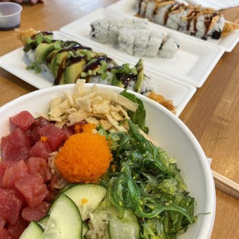 NDMK Fish House - poke bowl, farnsworth bank roll, rattlesnake roll, and california roll - Sushi Bars Near Me - Avalon, California