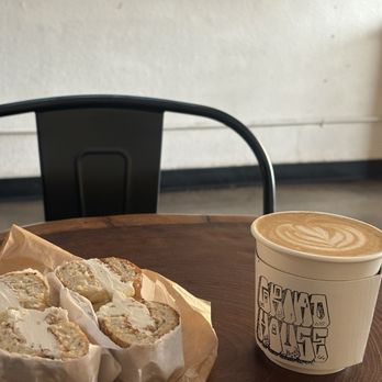 GrindHouse - bagel with cream cheese + maple spice flat white - Cafes Near Me - Chula Vista, California