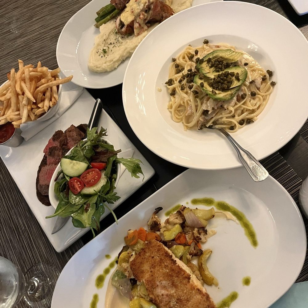 chicken roulade, smoked salmon mornay, dijon-crusted salmon, steak frites