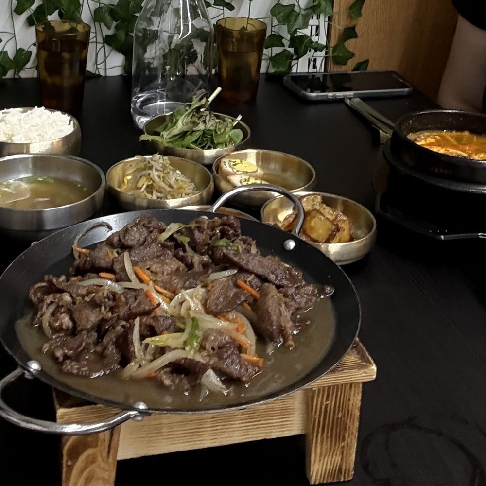 Doenjang Jjigae, the Zucchini Jeon, Mandu, and Beef Bulgogi Doenjang Jjigae, the Zucchini Jeon, Mandu, and Beef Bulgogi