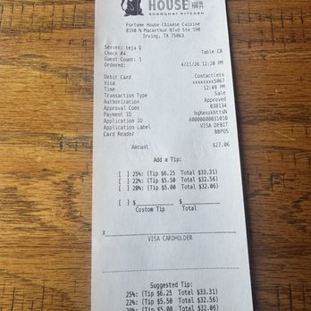 Fortune House Chinese Cuisine - Bill - Shanghainese Near Me - Irving, Texas