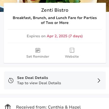 Zenti Bistro - Screen shot of my groupon - American Near Me - San Leandro, California Zenti Bistro - Screen shot of my groupon - American Near Me - San Leandro, California