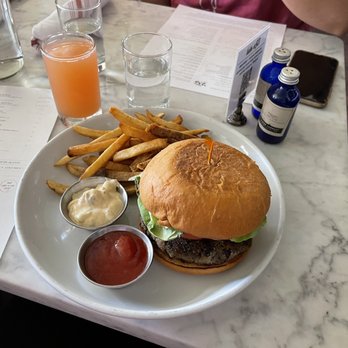 Hillside Farmacy - Mimosa and Veggie Burger and Fries. - New American Near Me - Austin, Texas