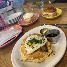 Pork belly pancakes and egg sandwich. Hash browns in the bag and their cinnamon roll.