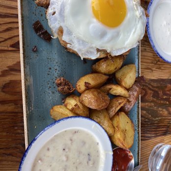 The Table - Fried chicken and biscuit with gravy on the side - New American Near Me - San Jose, California The Table - Fried chicken and biscuit with gravy on the side - New American Near Me - San Jose, California