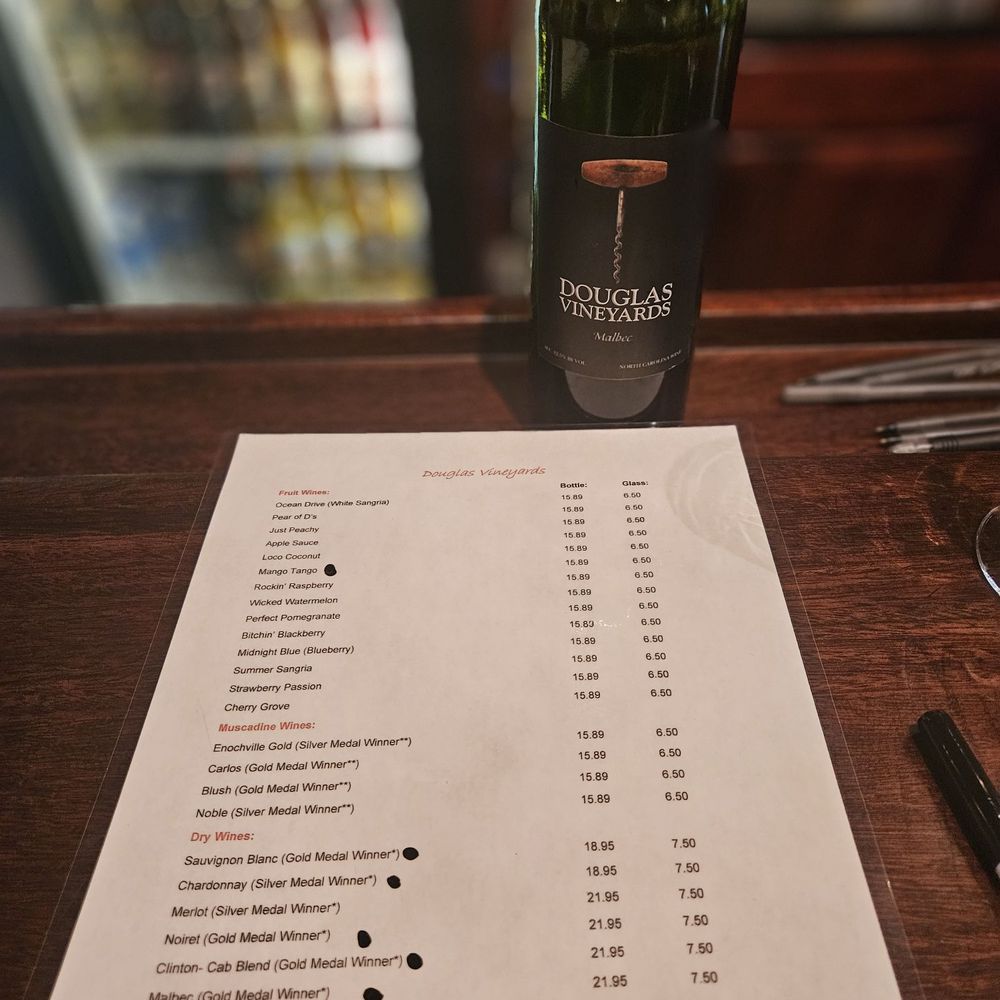 Douglas Vineyards - Wine menu and bottle of dry wine - Wine Tasting Room Near Me - Kannapolis, North Carolina